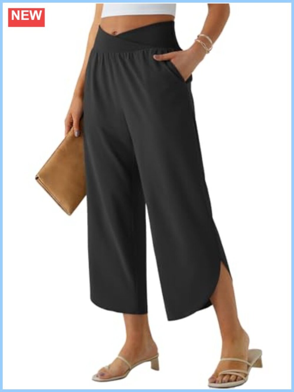 Wide Leg Capri Pants for Women High Waist Crossover Casual Palazzo with Pockets